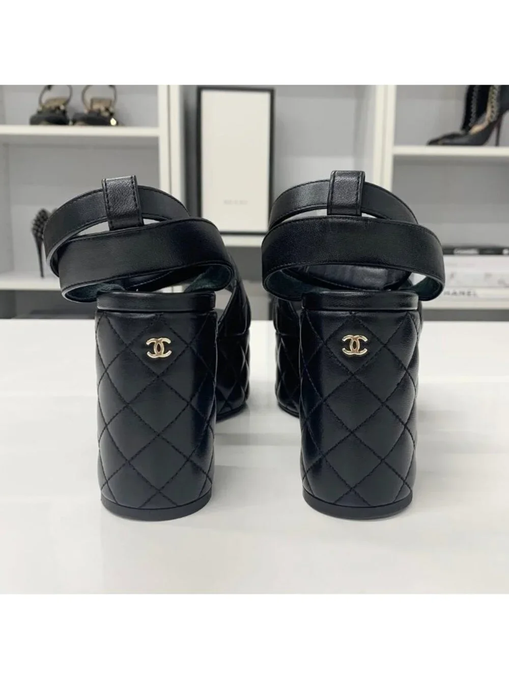 Chanel CC Logo Leather Quilted Strap Sandals Black